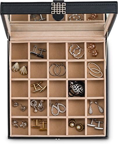 מארגן עגילי גלנור CO - קלאסי 25 קופסת תכשיטים/מארז/מחזיק עגילים, טבעות, שרשראות, תכשיטים, חפתים או אוספים. 25 תאים קטנים עם מראה גדולה