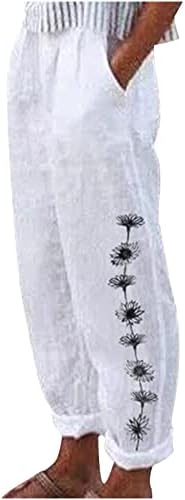 מכנסי פשתן רחבים לנשים CHGBMOK עם כיסים מכנסיים הרמון המותניים הגבוהים המותניים.
