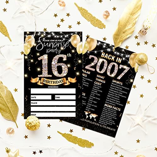 כרטיס הזמנה למסיבת יום הולדת 16 - זהב שחור מזמין עם חזרה בשנת 2007 הדפסת פוסטר על הזמינות מילוי דו צדדי אחורי - 20 קלפים עם מעטפות למסיבות