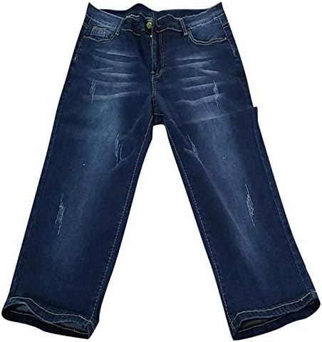 מכנסי ג'ינס מותניים גבוהים לנשים עפרון צמוד אורך עגל אורך כפתור מוצק קפרי קרוע מכנסי מכנסי מכנסי