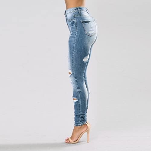 מכנסי ג'ינס מותניים גבוהים לנשים הרסו מכנסי ג'ינס כחולים מכנסיים רזים קרועות ג'ינס פלוס מכנסיים בגודל חותלות ג'ין מכנסיים