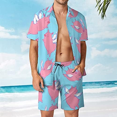 מעופף שמים כחולים מעופפים בגברים 2 חלקים תלבושות חוף כפתור הוואי למטה חולצה עם שרוול קצר וחליפות מכנסיים קצרים