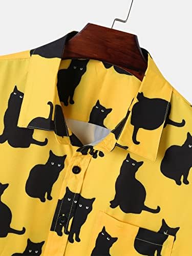 גברים של כפתור עד קצר שרוול חתול הדפסת וחוף פסים כיס הוואי חולצה מזדמן צווארון למעלה