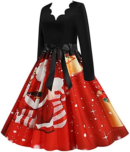 נשים של בציר חג המולד שמלת חג המולד רוקבילי קוקטייל המפלגה שמלת צוואר ארוך שרוול גברת סנטה קלאוס שמלות עם חגורה
