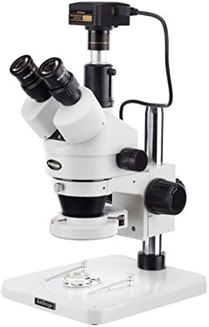 מיקרוסקופ זום סטריאו טרינוקולרי מקצועי דיגיטלי של אמסקופ-1-144-5 מ', עיניות פי 10, הגדלה פי 7-45, מטרת זום פי 0.7-4.5, נורת טבעת לד 144
