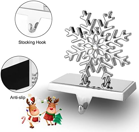 סט של 4 מחזיקי גרב של פתית שלג לחג המולד למעטפת, 3D Sliver 8 פינות פתית שלג וו גרב גרביים קישוטי חג המולד לשולחנות חלון אח אחינון בית