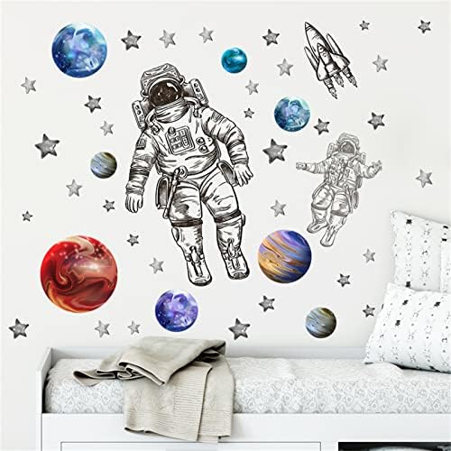 אסטרונאוט מדבקות קיר, כוכבים בחלל החיצון מדבקות קיר, קישוט אמנות קיר גדול נשלף עשה זאת בעצמך, קליפה ומקל, לילדים בייבי בנים בנות חדר משחקים