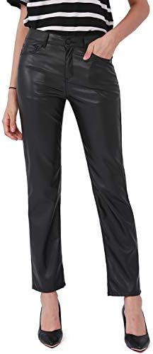 מכנסי עור דמויי אמנות של Baleay לנשים, רגל ישרה אמצע המותניים קת המותניים מעלית מכנסיים שחורים אלסטיים עם 5 כיסים