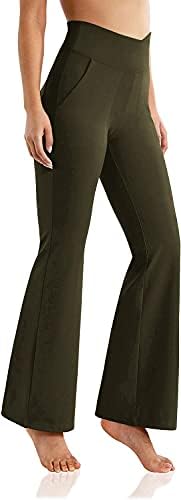 מכנסי יוגה של Bootleg's Bootleg לנשים עם כיסים עם קרוסאובר גבוה מותניים מותניים רחבים אימון רגל מכנסיים מכנסיים מכנסיים מכנסיים מכנסיים