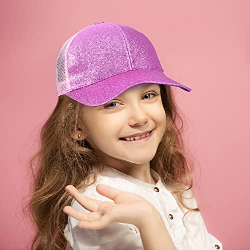 בנות נצנצים כובע בייסבול כובע צלב, כובע קוקו גבוה של ילדה - כובע משאית ילדים עם קוקו של BUN BUN מבולגן